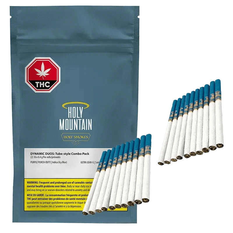 Close-up of the Purple Punch Out + Ultra Jean G Holy Pre Rolled 20 x 0.4 g packaging, featuring bold text on a dark background.