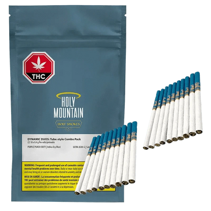 Close-up of the Purple Punch Out + Ultra Jean G Holy Pre Rolled 20 x 0.4 g packaging, featuring bold text on a dark background.