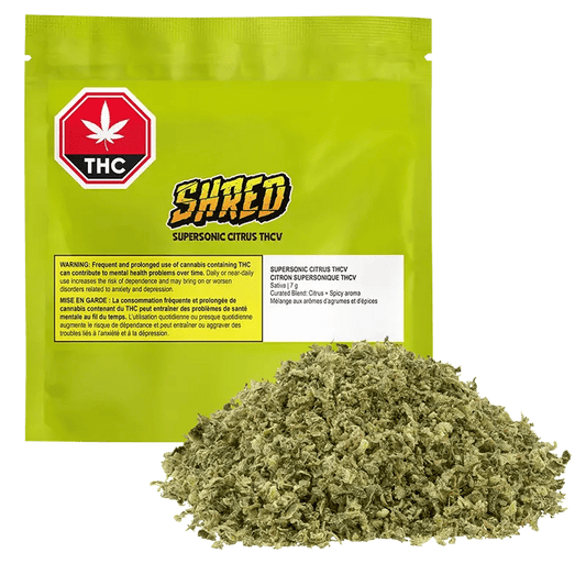 A close-up of the Supersonic Citrus 3:1 (THC:THCv) packaging with bright orange and black text on a white background.