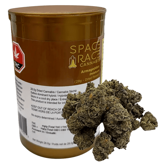 Close-up of the Space Cannabis Armageddon dried flower packaging, featuring bold text on a dark background.