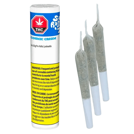 A close-up of the Cosmic Cream Pre Rolled 3 x 0.5 g pre-rolls against a dark background with a warning symbol.