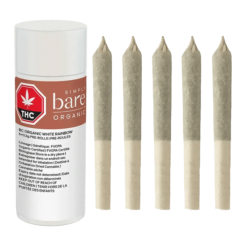 Close-up of the BC Organic White Rainbow Pre Rolled 5 x 0.3 g packaging against a dark background, displaying the brand logo and product name.