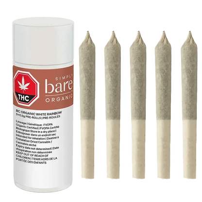Close-up of the BC Organic White Rainbow Pre Rolled 5 x 0.3 g packaging against a dark background, displaying the brand logo and product name.