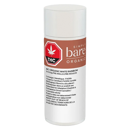 Front view of the BC Organic White Rainbow Pre Rolled 5 x 0.3 g packaging, featuring a simple design with white and green coloring.