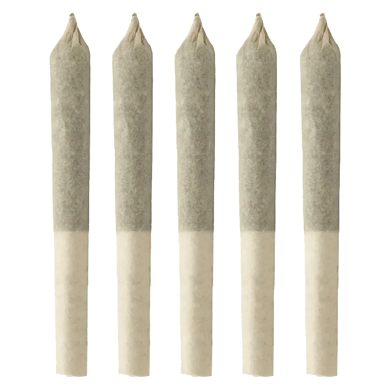 A group of five 0.3g pre-rolls of BC Organic White Rainbow, displayed against a plain white background.