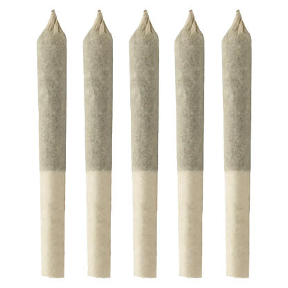 A group of five 0.3g pre-rolls of BC Organic White Rainbow, displayed against a plain white background.