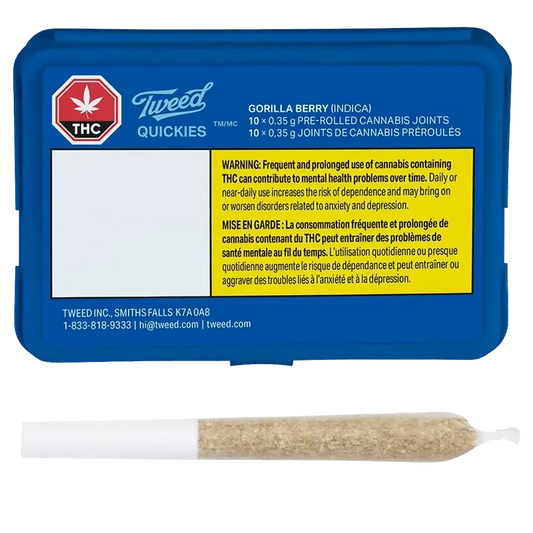 Front view of the “Gorilla Berry Pre Rolled 10 x 0.35 g” package, displaying a warning label on a dark background.
