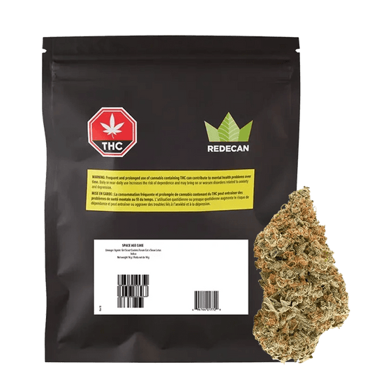 A close-up of the Space Age Cake package featuring a THC warning label, with bold red text on a white background.