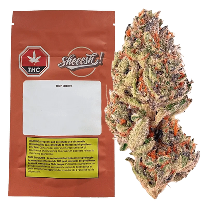 Front view of the Trop Cherry package displaying a warning message against prolonged cannabis use on a white background.