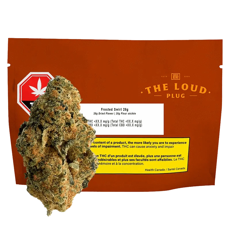 Front view of the Frosted Swirl package with a stylized cannabis leaf against a dark background.