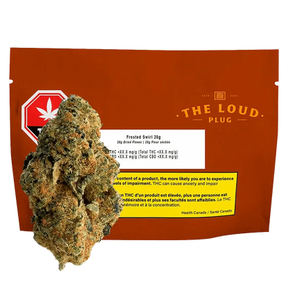 Front view of the Frosted Swirl package with a stylized cannabis leaf against a dark background.