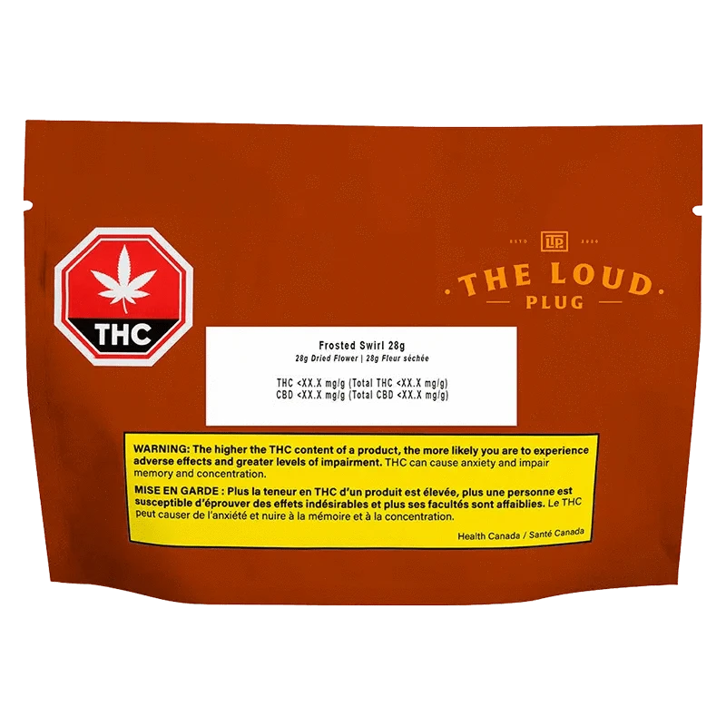 The Frosted Swirl package displays a white label with text and a green cannabis leaf logo against a dark background.