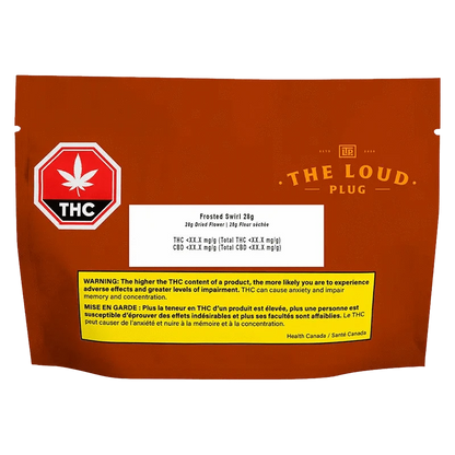The Frosted Swirl package displays a white label with text and a green cannabis leaf logo against a dark background.