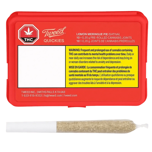 Lemon Meringue Pie Pre Rolled from Tweed presents a close-up of ten pre-rolled joints against a dark backdrop, emphasizing the branding.