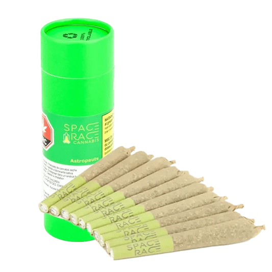 A close-up, angled shot of the Astropauts Pre Rolled 10 x 0.4 g pre-roll pack, displaying its branded packaging and colorful design.