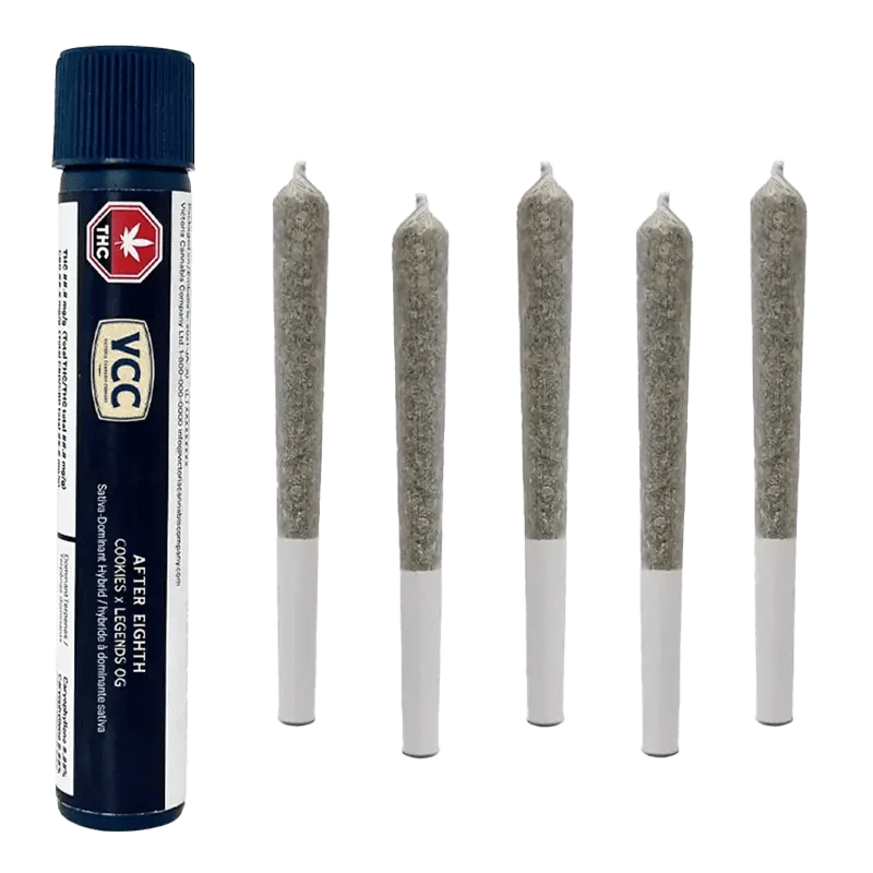 Front view of the After Eighth Pre Rolled 5 x 0.5 g vape cartridges with dark labels and metallic branding on a plain white background.