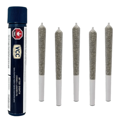 Front view of the After Eighth Pre Rolled 5 x 0.5 g vape cartridges with dark labels and metallic branding on a plain white background.