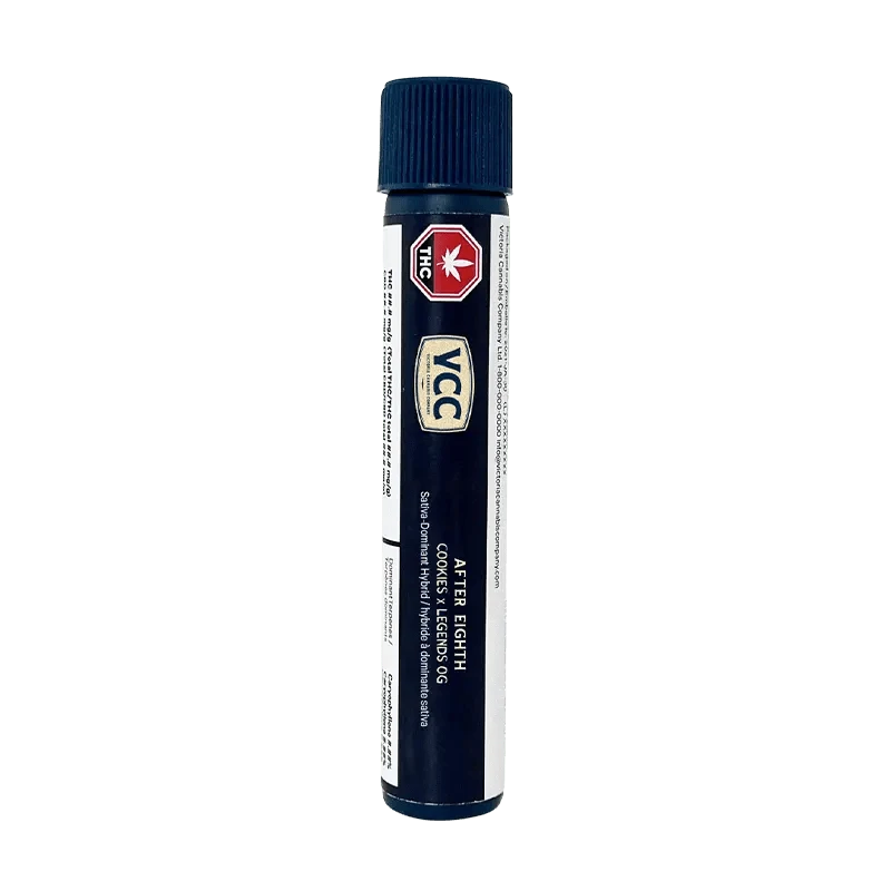 A close-up, angled view of the After Eighth Pre Rolled 5 x 0.5 g package, displaying its branding against a dark background.