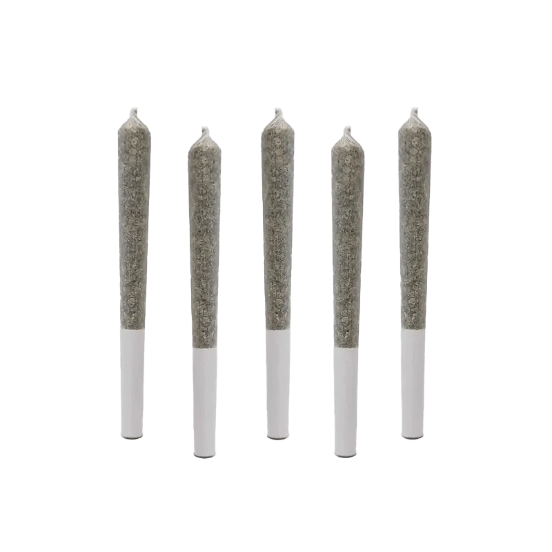 A high-angle shot displays five After Eighth Pre Rolled 0.5 g pre-rolls arranged vertically against a plain white backdrop.