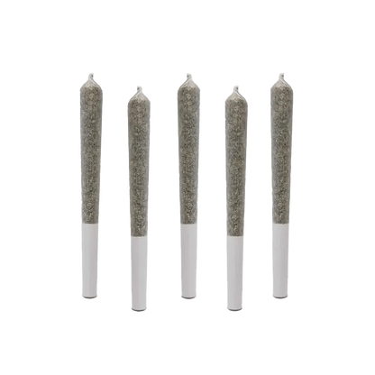 A high-angle shot displays five After Eighth Pre Rolled 0.5 g pre-rolls arranged vertically against a plain white backdrop.