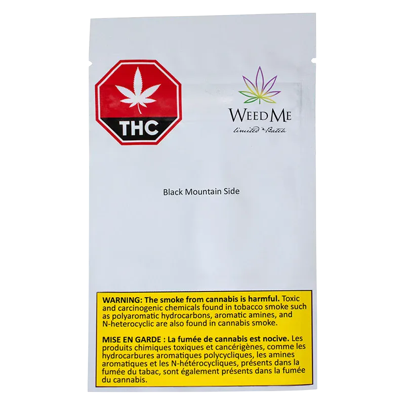 Front-facing image of the WeedMe Black Mountain Side pouch on a white background showing a red THC stop sign logo, the WeedMe leaf logo, and a yellow warning box at the bottom.