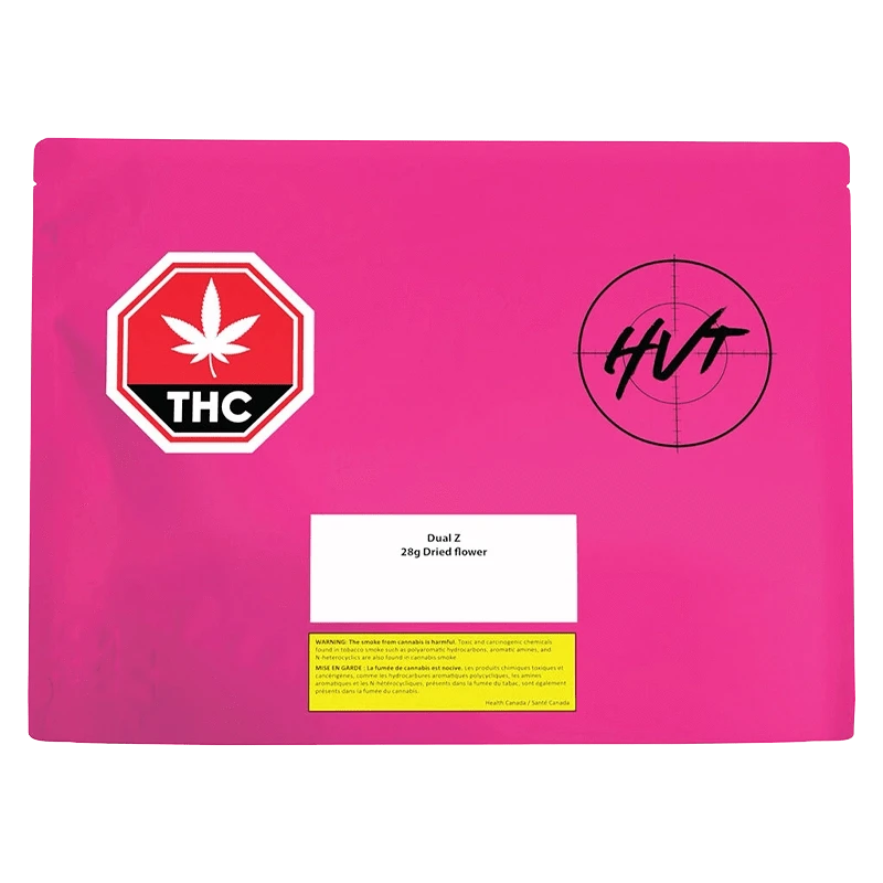 Flat front view of the bright pink Dual Z pouch with a white label, THC stop-sign icon at left and target logo at right