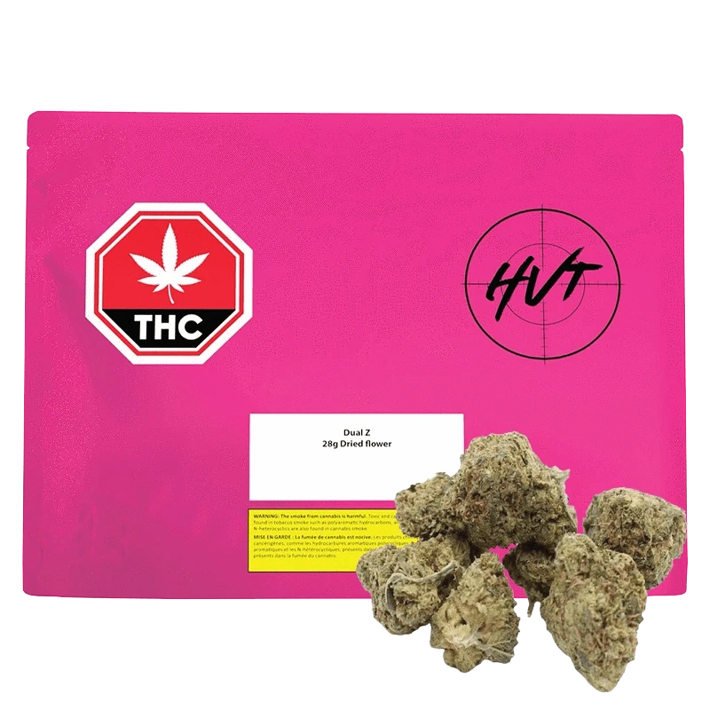 Front-facing shot of a bright pink pouch labeled Dual Z with a THC octagon graphic and several cannabis buds arranged at the lower right.