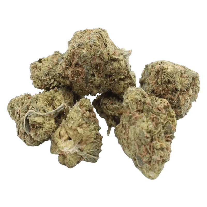 Close-up top view of several greenish-brown nugs labeled Dual Z, showing dense, frosty trichomes and orange hairs against a white background