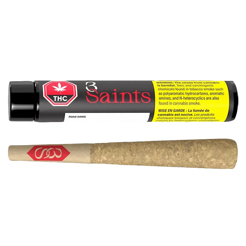 Road Dawg Pre Rolled 1 x 0.5 g packaging with a white background and red and black text, viewed at a slight angle.