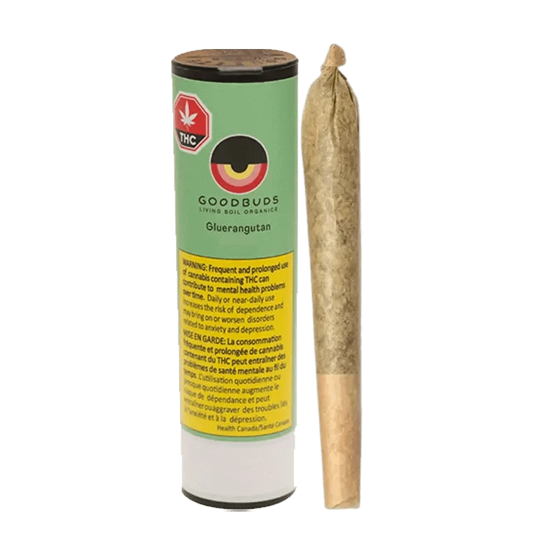 Front view of the Gluerangutan Pre Rolled 1 x 1 g package with a warning against long-term use.