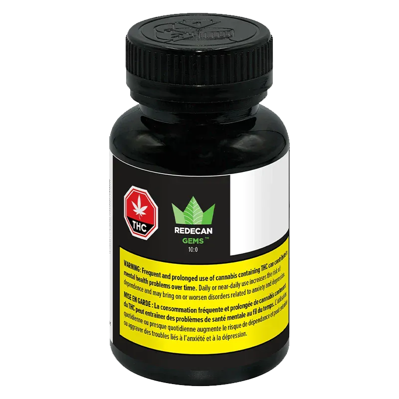 Front three-quarter view of a black bottle labeled "TIL Gems 10:0 Softgels Hybrid 100 caps - Redecan" with a white and yellow warning label and a stylized green leaf logo.