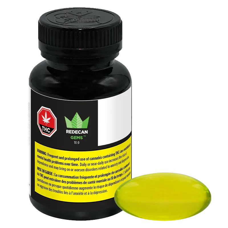 Front three-quarter view of a black bottle and a single yellow softgel labeled TIL Gems 10:0 Softgels Hybrid 100 caps - Redecan, on a white background