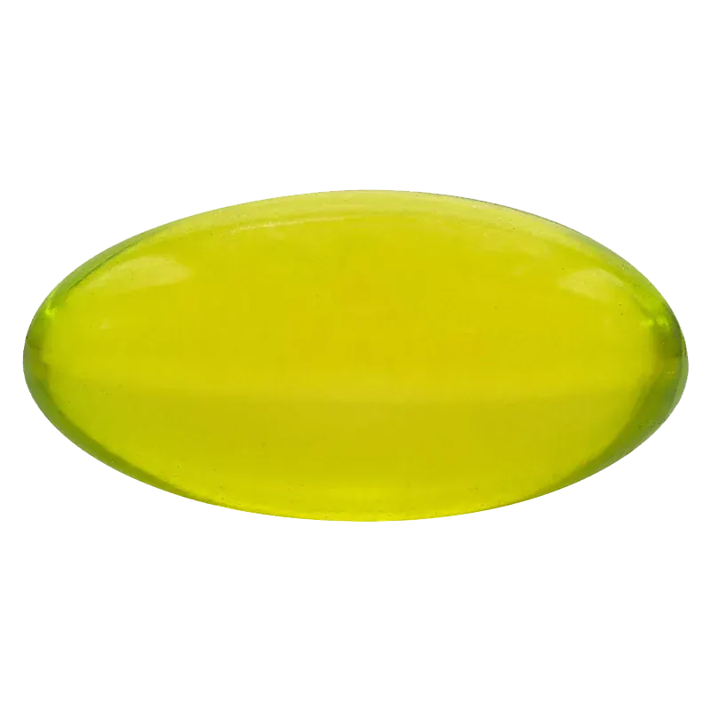 Top-down close-up of a single bright yellow oval TIL Gems 10:0 Softgels Hybrid 100 caps - Redecan softgel against a white background