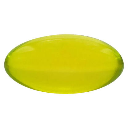 Top-down close-up of a single bright yellow oval TIL Gems 10:0 Softgels Hybrid 100 caps - Redecan softgel against a white background