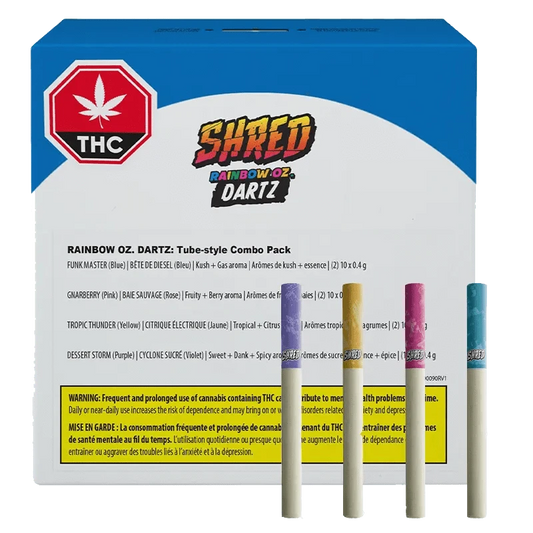 Rainbow Oz. Dartz Pre Rolled 70 x 0.4 g packaging in a close-up, angled shot with bold text and a cannabis leaf symbol.