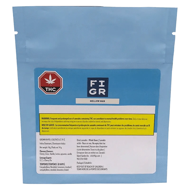 Front view of the FÏR Mellow Man packaging, displaying text in English and French with a THC warning.