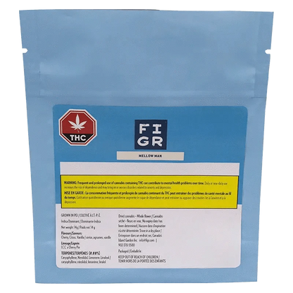 Front view of the FÏR Mellow Man packaging, displaying text in English and French with a THC warning.