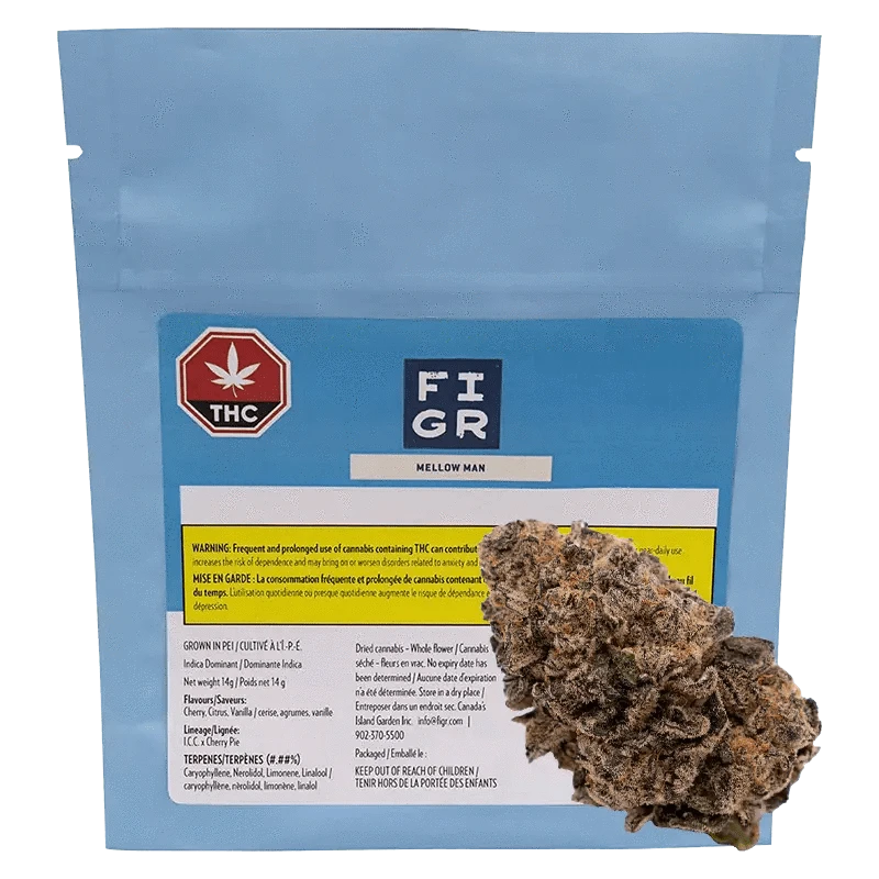 Front view of the FI GR Mellow Man package with bold lettering and cannabis leaf emblem against a white background.