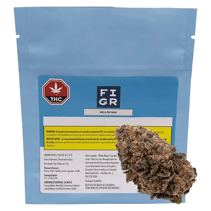 Front view of the FI GR Mellow Man package with bold lettering and cannabis leaf emblem against a white background.
