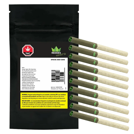 Front view of the “Space Age Cake Redees Hemp’d PR” packaging, showing a colorful design with product details on a black background.