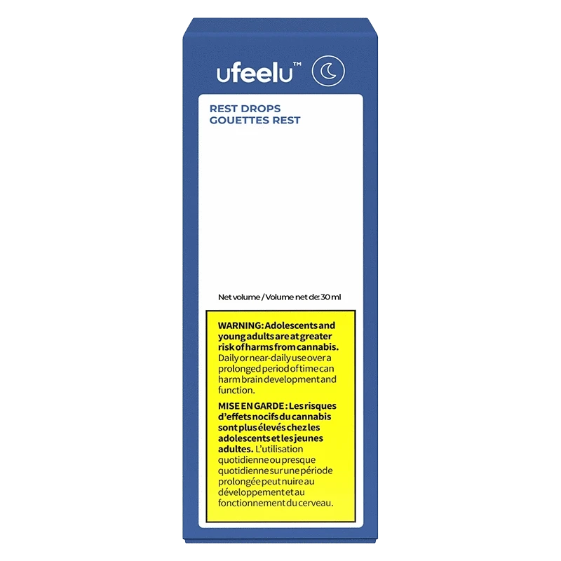 Ufeel Rest Drops (CBD:CBN) packaging with warnings in a close-up, angled shot on a white background.