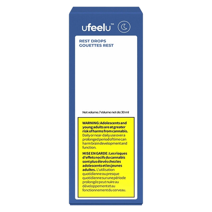 Ufeel Rest Drops (CBD:CBN) packaging with warnings in a close-up, angled shot on a white background.