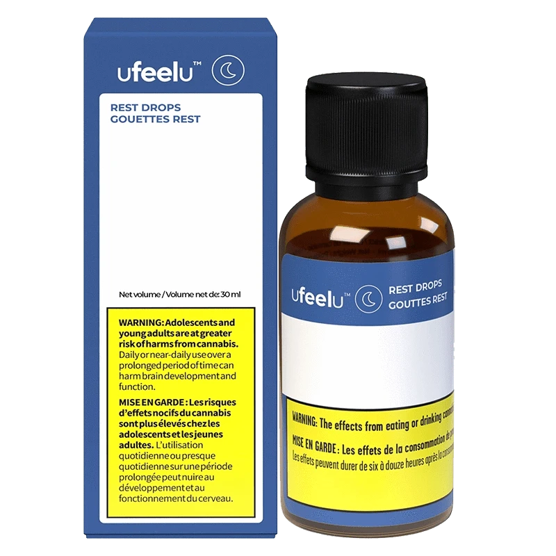 Ufeel Rest Drops (CBD:CBN) packaging is shown in a close-up, angled shot with a dark background, featuring bold text and branding.