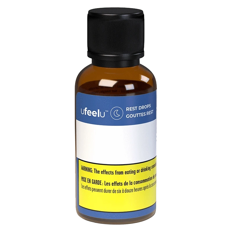 A close-up of the Rest Drops (CBD:CBN) bottle, displaying its label against a neutral background.