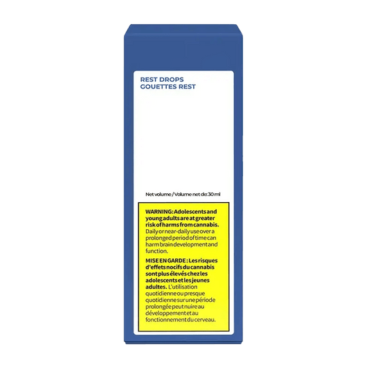 Relief Drops (CBD:CBC) bottle against a white background, displaying text in French regarding volume and warnings.