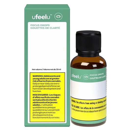 Focus Drops (CBD:CBC:CBG) packaging with a warning message is shown in a close-up, front-view shot on a white background.