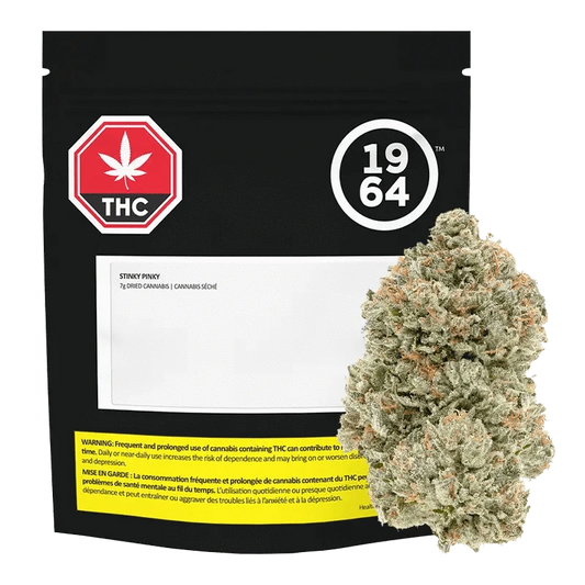 Front view of the Organic Stinky Pinky packaging with warning text, featuring a dark background and prominent THC logo.