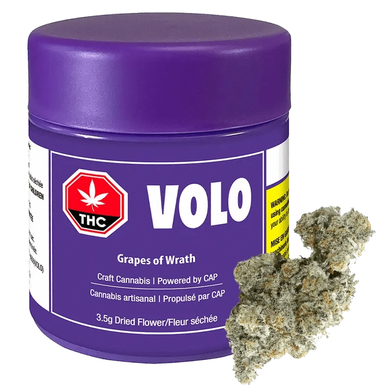 Front view of the Grapes of Wrath package with a dark background and bold text, displaying the brand’s logo and name.