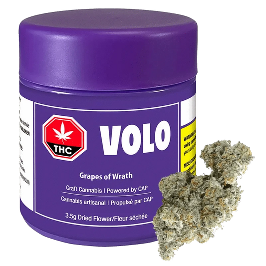 Front view of the Grapes of Wrath package with a dark background and bold text, displaying the brand’s logo and name.