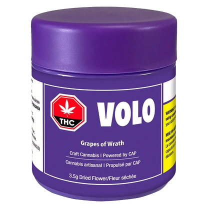 Front view of the Grapes of Wrath packaging, displaying a white label with bold black text and a red cannabis leaf symbol.